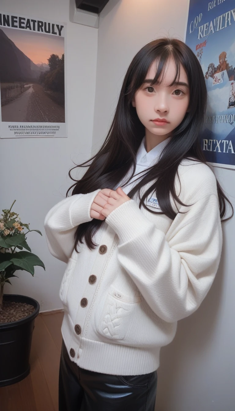 score_9_up, score_8_up, score_7_up, masterpiece, best quality, Ultra-high resolution (Reality: 1.4), original photo, 35mm lens, Aperture F1.4, poster, Light and Shadow, A girl, Wearing a white cardigan, Black long hair, Genuine Leather, (Skin details: 1.3),