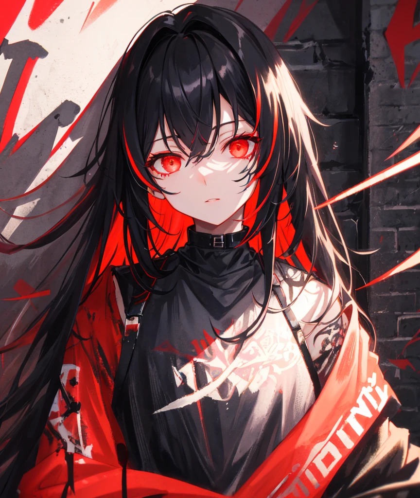 Highest quality, Intricate details, chromatic aberration,
One girl, Long Hair, Black Hair, Messy Hair, Red highlights, Hair on one eye, Red eyes, Sharp eyes,
choker, Neon Shirt, Torn legwear, Open jacket,
Against the wall, Brick wall, graffiti, Shineing grafiti, Shineing tattoos, Shine, Neon Light,
Black light,
