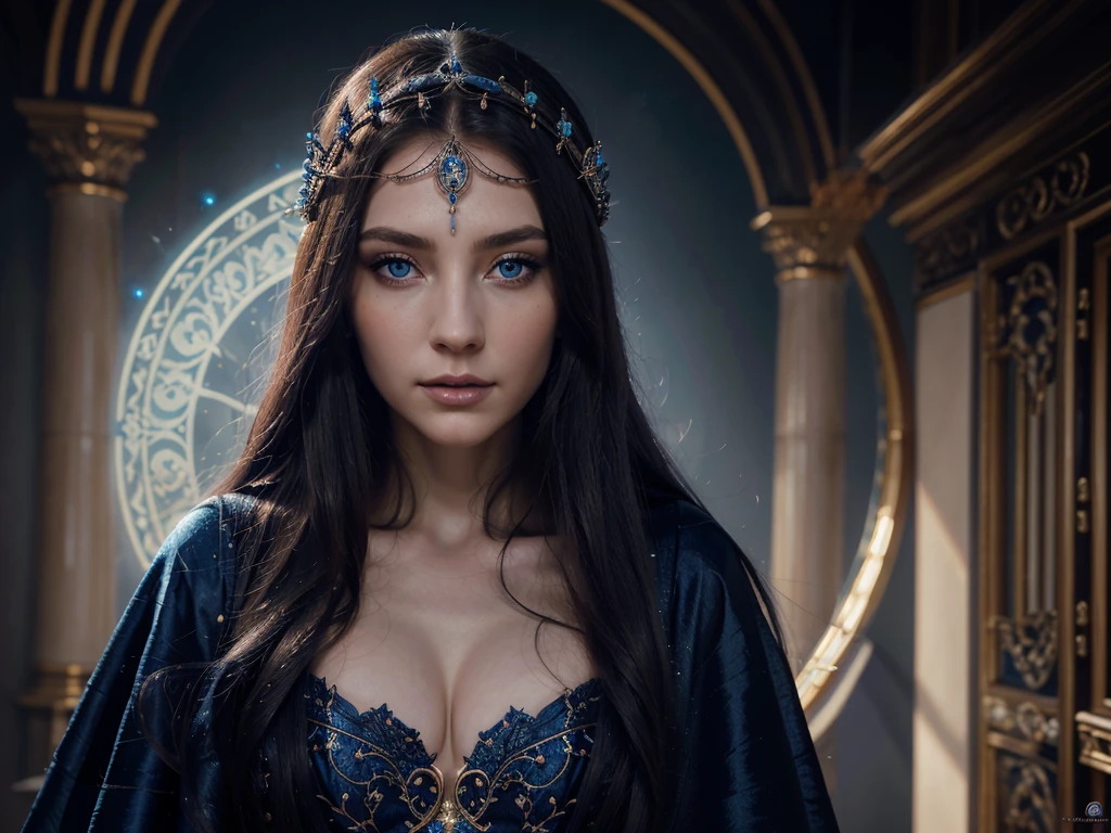 detailed portrait of a beautiful sorceress, elegant witch, long flowing hair, striking blue eyes, porcelain skin, detailed facial features, intricate headdress, ornate robe, magical aura, ethereal lighting, rich colors, fantasy art, digital painting, cinematic, 8k, highly detailed, photorealistic