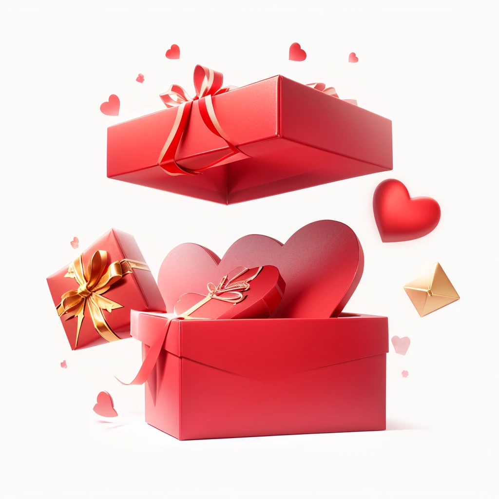 Golden square gift box with red hearts, 3d rendering, c4d, masterpiece, best quality, so much detail