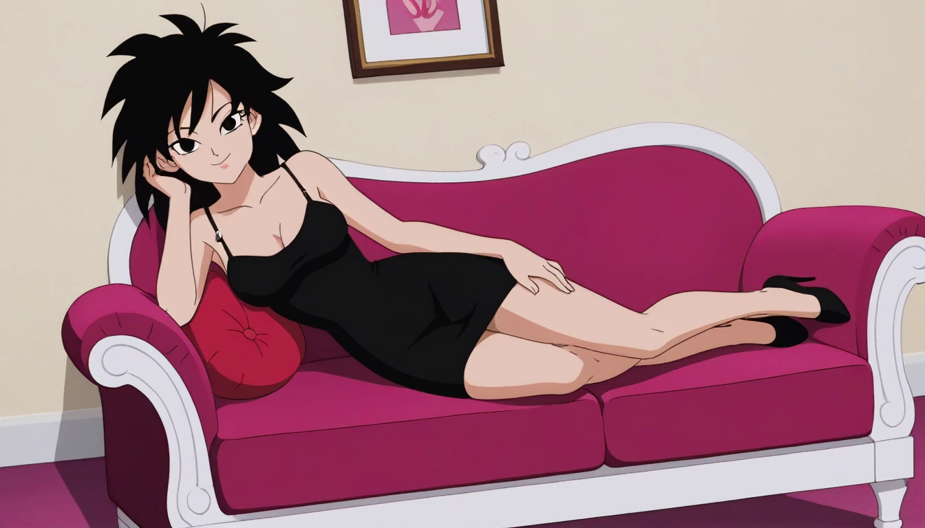 source_anime, score_9,score_8_up, score_7_up, ginedb, anime screencap, 1girl, solo, looking at viewer, smile, medium breasts, black hair, bare shoulders, medium breasts, cowboy shot, medium hair, black eyes, spiked hair, eyelashes, masterpiece, best quality, very aesthetic, 8k, absurd res, smile, lying on side, collarbone, spaghetti strap, skin tight black dress, sleeveless, one hand on hip, ballroom, pink couch, indoors, high heels, perfect quality,