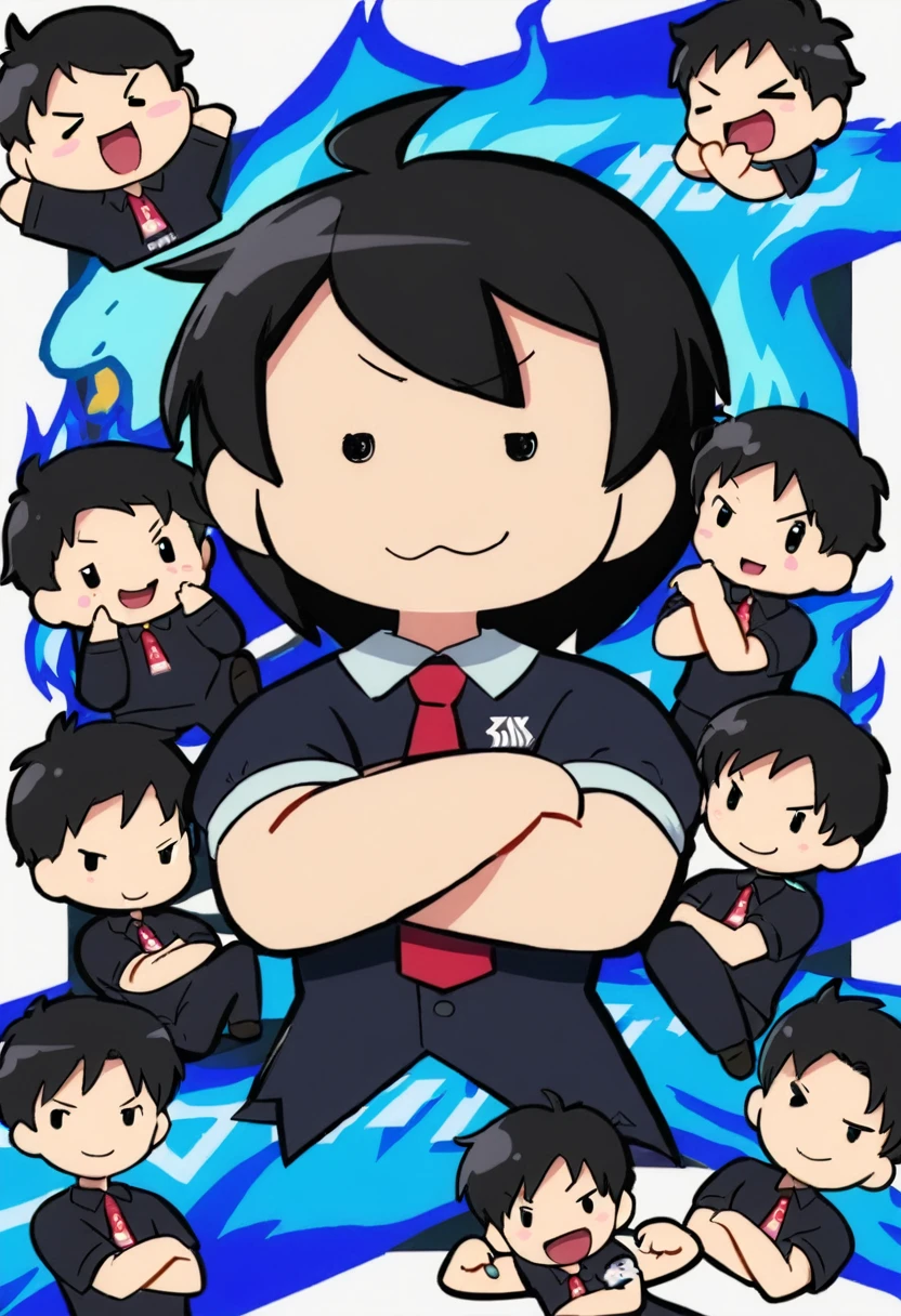 style chibi, a poster of an esports team, six male members, cross-arms pose, Blue, black, blue flame
