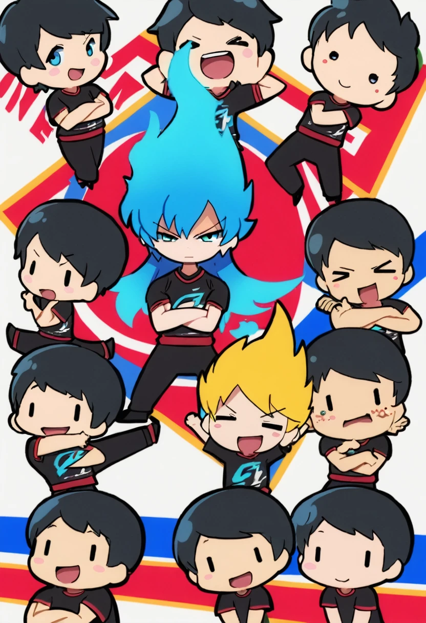 style chibi, a poster of an esports team, six male members, cross-arms pose, Blue, black, blue flame
