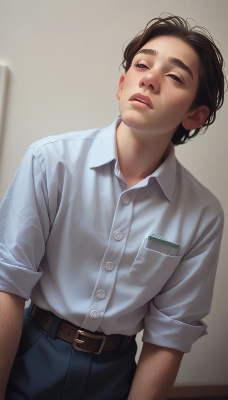 a 25-year-old white young man in a lan house, backpack on his back, dress shirt and shorts, he is sitting at one of the computers in the lan house, direct eye contact with the camera, close-up image