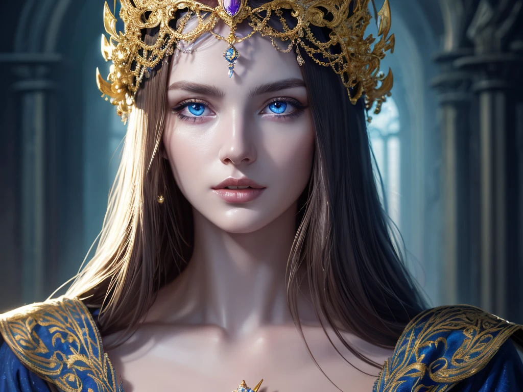 detailed portrait of a beautiful sorceress, elegant witch, long flowing hair, striking blue eyes, porcelain skin, detailed facial features, intricate headdress, ornate robe, magical aura, ethereal lighting, rich colors, fantasy art, digital painting, cinematic, 8k, highly detailed, photorealistic