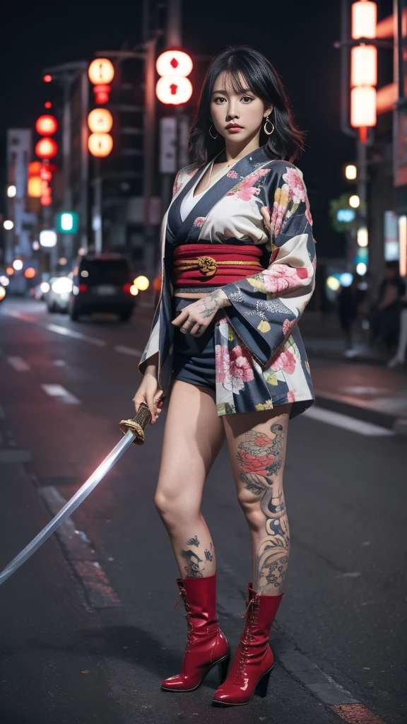 Beautiful Chinese woman, (), cute face, red lips, white moist skin, moles, under-eye bags,
BREAK,
Feminine body with high athletic ability, Body of a female fitness model, Feminine body with hard tones, (Muscles: 1.2), (Beautiful belly button),
BREAK,
Fighter, Kung Fu fighter, Idol,
BREAK,
(Wearing a cute kimono: 1.3), (Kimono with a high degree of exposure), (Stiletto heels, long boots 1.3), necklace, very large earrings, short length,
BREAK,
Short hair, (Short bob hair), (Bangs: 1.2), (Colorful hair: 1.3), (Wavy hair),
BREAK,
(Very large Japanese sword: 1.4), (Holding the handle of a Japanese sword: 1.3), (Raising a very large Japanese sword: 1.2), (Getting into a fighting stance), (Japanese sword with a beautiful blade: 1.2)
BREAK,
(Japanese tattoo: 1.4),
BREAK,
Masterpiece, Perfect lighting, Ultra high resolution, 8K, (Very detailed: 1.4), (From the front), Looking at the camera, Melancholic expression,
BREAK,
(Tokyo city, lots of people in the background: 1.2), Background of the city of Shibuya, Tokyo, Japan,