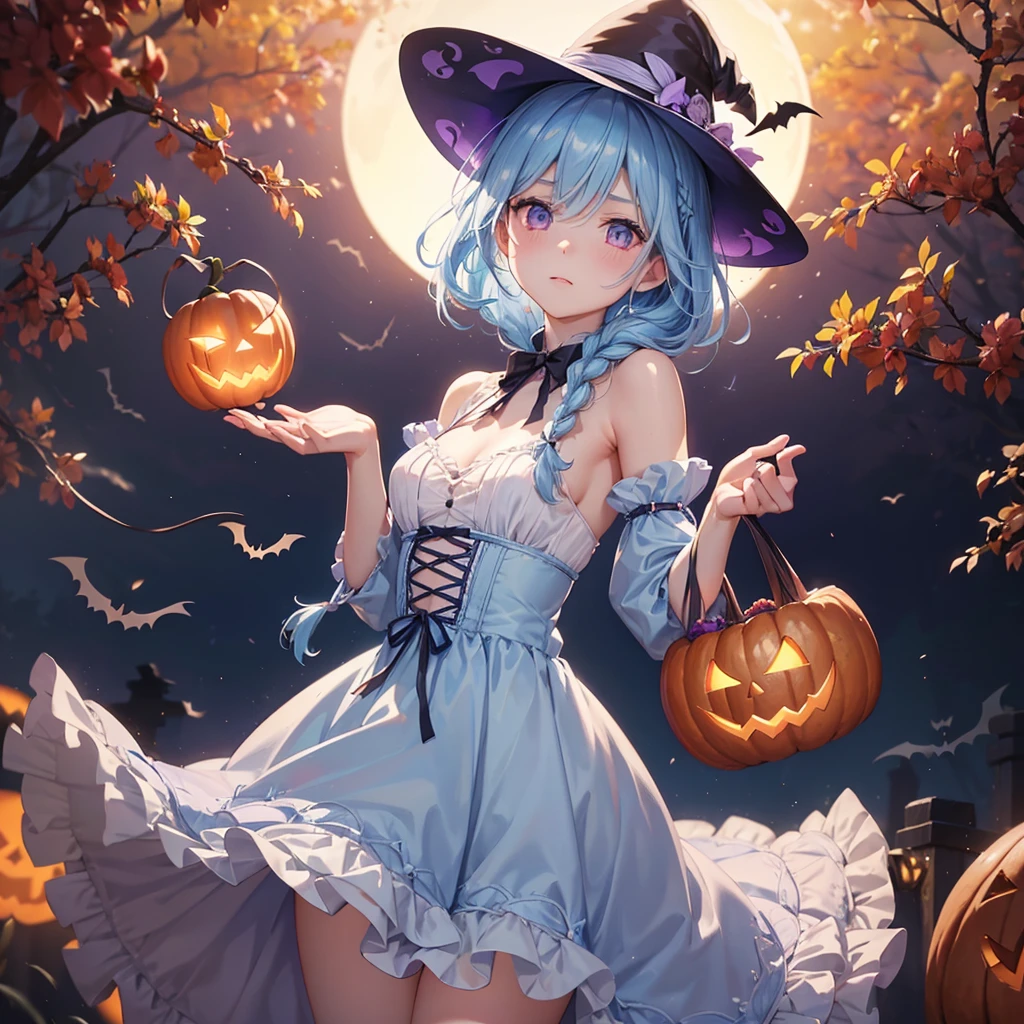 (Light blue medium hair:1.2),(Braided hair:1.2)、Pink eyes、Fair skin、cowboy shot、Halloween、The background is a pumpkin ghost、Crescent Moon、Trick or Treat、A lot of sweets、witch、Halloween night、Candy、many bat、Condescending expression、solo、(masterpiece、Highest quality、Very detailed、Best Shadow)、(Detailed Background)、(Beautifully detailed face)、High contrast、(Best lighting、Very delicate and beautiful)、(Cinematic Light)、colorful、Hyper Detail、Dramatic Light、Exquisite detail、