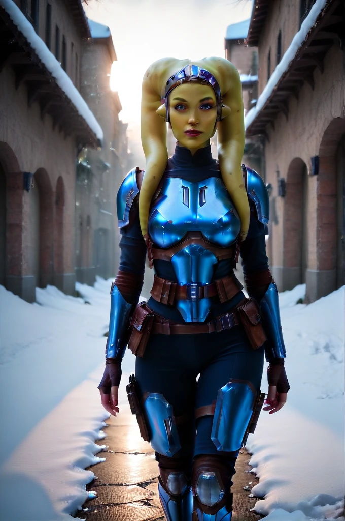 a ((fall body)) ((female twi'lek ))mandalorian,walking on snow, beautiful detailed eyes, beautiful detailed lips, extremely detailed face, long eyelashes, mandalorian armor, sci-fi, cinematic lighting, dramatic, epic, intricate details, hyper-realistic, 8k, high-quality, photorealistic