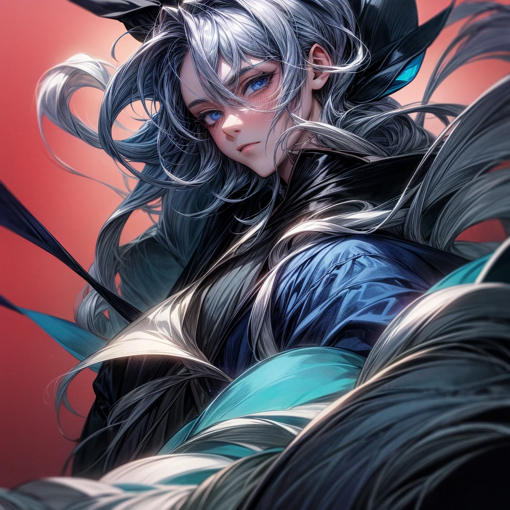 Grown-up guy, pearlescent hair, blue eyes, dark clothes.