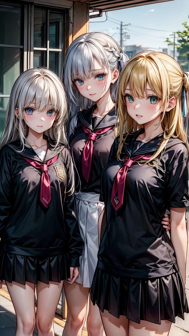 (((3 girls.))) 1 with yellow hair and green eyes, tanned body. 2 white hair and blue eyes, white body. 3 Red Hair And Red Eyes, with dark body. The 3 girls are standing. in clothes. High School College Fund.