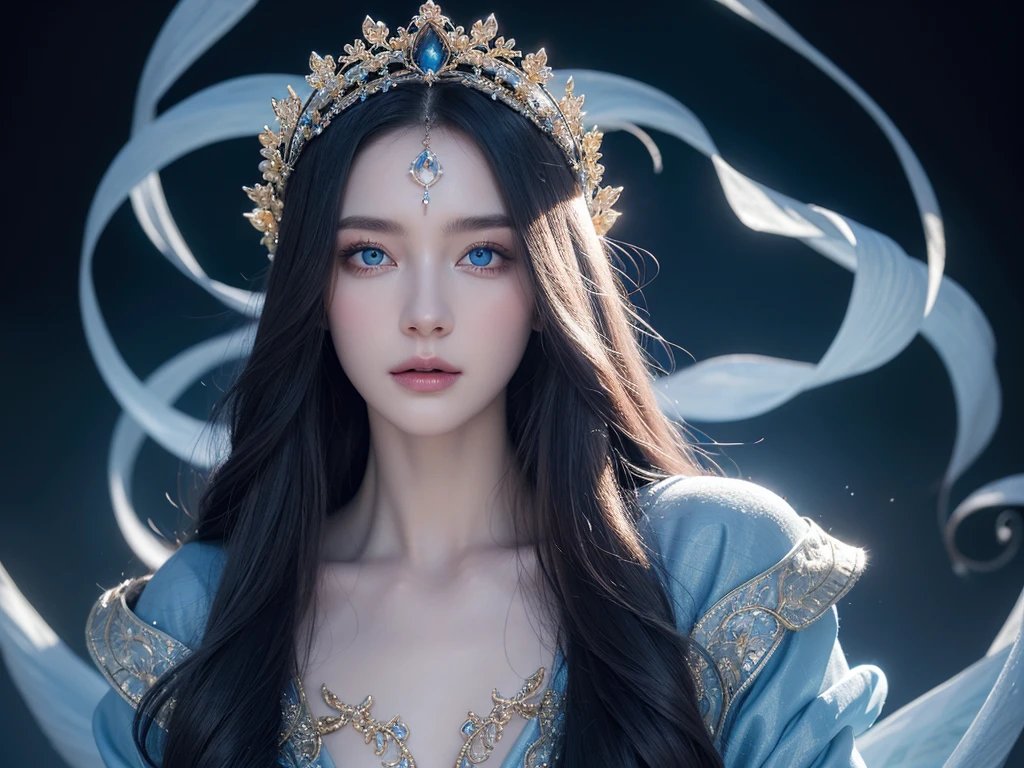 detailed portrait of a beautiful sorceress, elegant witch, long flowing hair, striking blue eyes, porcelain skin, detailed facial features, intricate headdress, ornate robe, magical aura, ethereal lighting, rich colors, fantasy art, digital painting, cinematic, 8k, highly detailed, photorealistic