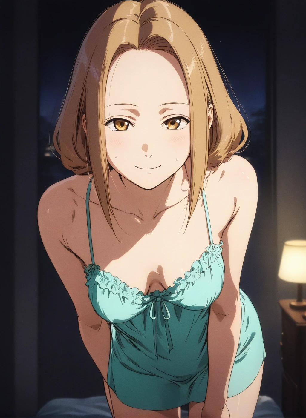 best quality, amazing quality, very aesthetic, absurdres, (1girl, gloria (pokemon), solo, brown eyes, brawn hair, medium breasts), (realistic face:0.9), (negligee robe:1.8), (smile, night, thigh:1.3), (cowboy shot), (glowing eyes), (half closed eyes:0.9), (from above0.8), (bent over), expressive eyes, perfect face, 4k, extremely detailed anime illustration, extremely detailed eyes, perfect anatomy, light rays, extremely delicate body, smooth skin, (bedroom background:1.5), clear eyes, beautiful face, smiling at viewer, (anime style:1.7), (dark Light:1.5), (highres:2),