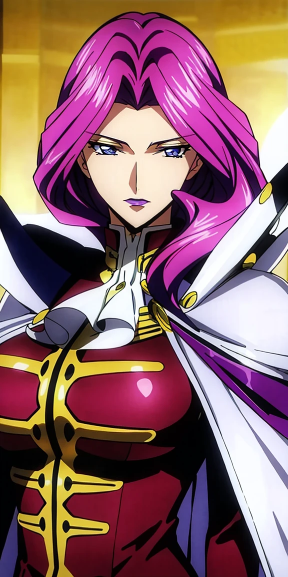 cornelia_li_britannia, huge breasts, solo, standing, cornelia_military_uniform, cornelia_white_cape,, masterpiece, best quality, detailed face, detailed eyes, highres,
