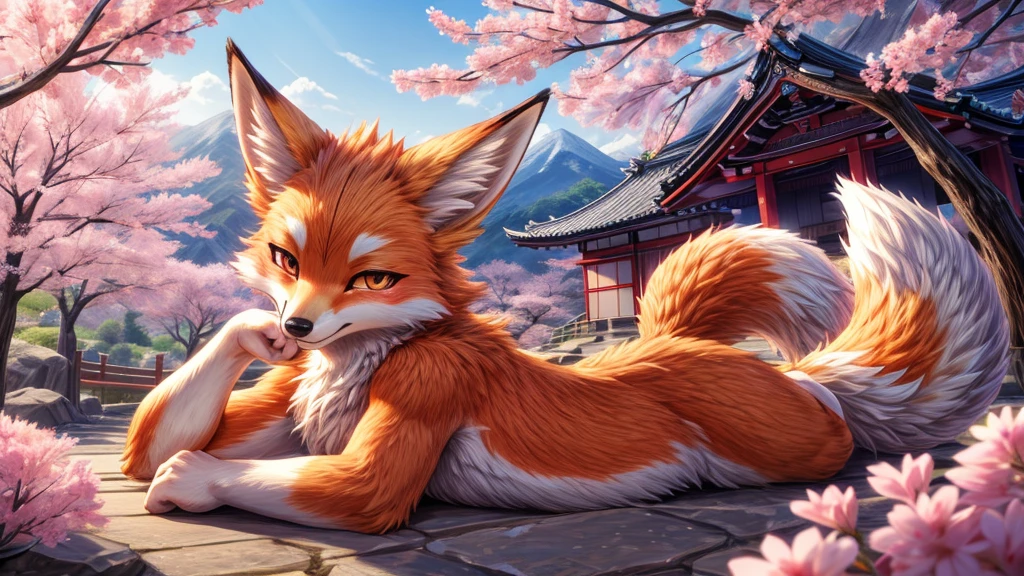 Beautiful Japanese landscape, High Definition, beautiful japanese kitsune, finely detailed, cunning bitch, fox face elongated snout add_detail,in the spring hanami add_detail:1 mistycal aura, 