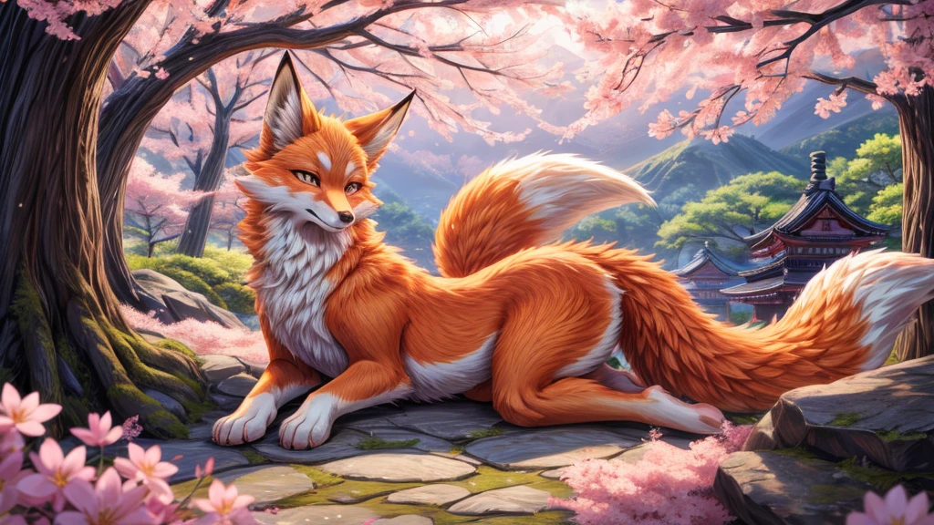 Beautiful Japanese landscape, High Definition, beautiful japanese kitsune, finely detailed, cunning bitch, fox face elongated snout add_detail,in the spring hanami add_detail:1 mistycal aura, 