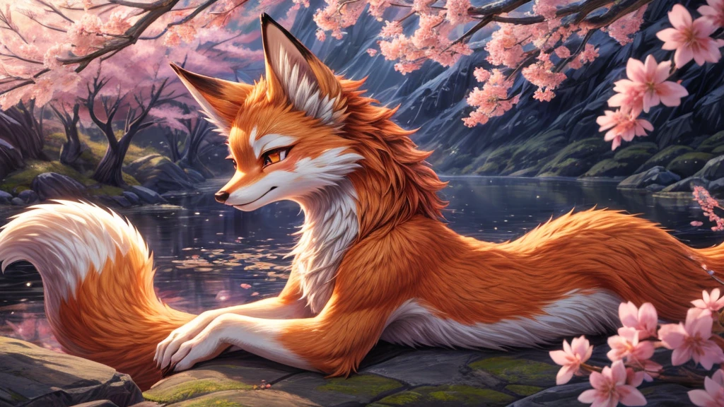 Beautiful Japanese landscape, High Definition, beautiful japanese kitsune, finely detailed, cunning bitch, fox face elongated snout add_detail,in the spring hanami add_detail:1 mistycal aura, 