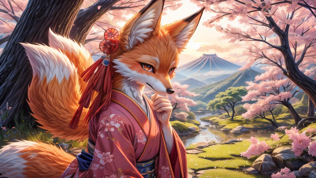 Beautiful Japanese landscape, High Definition, beautiful japanese kitsune, finely detailed, cunning bitch, fox face elongated snout add_detail,in the spring hanami add_detail:1 mistycal aura, 