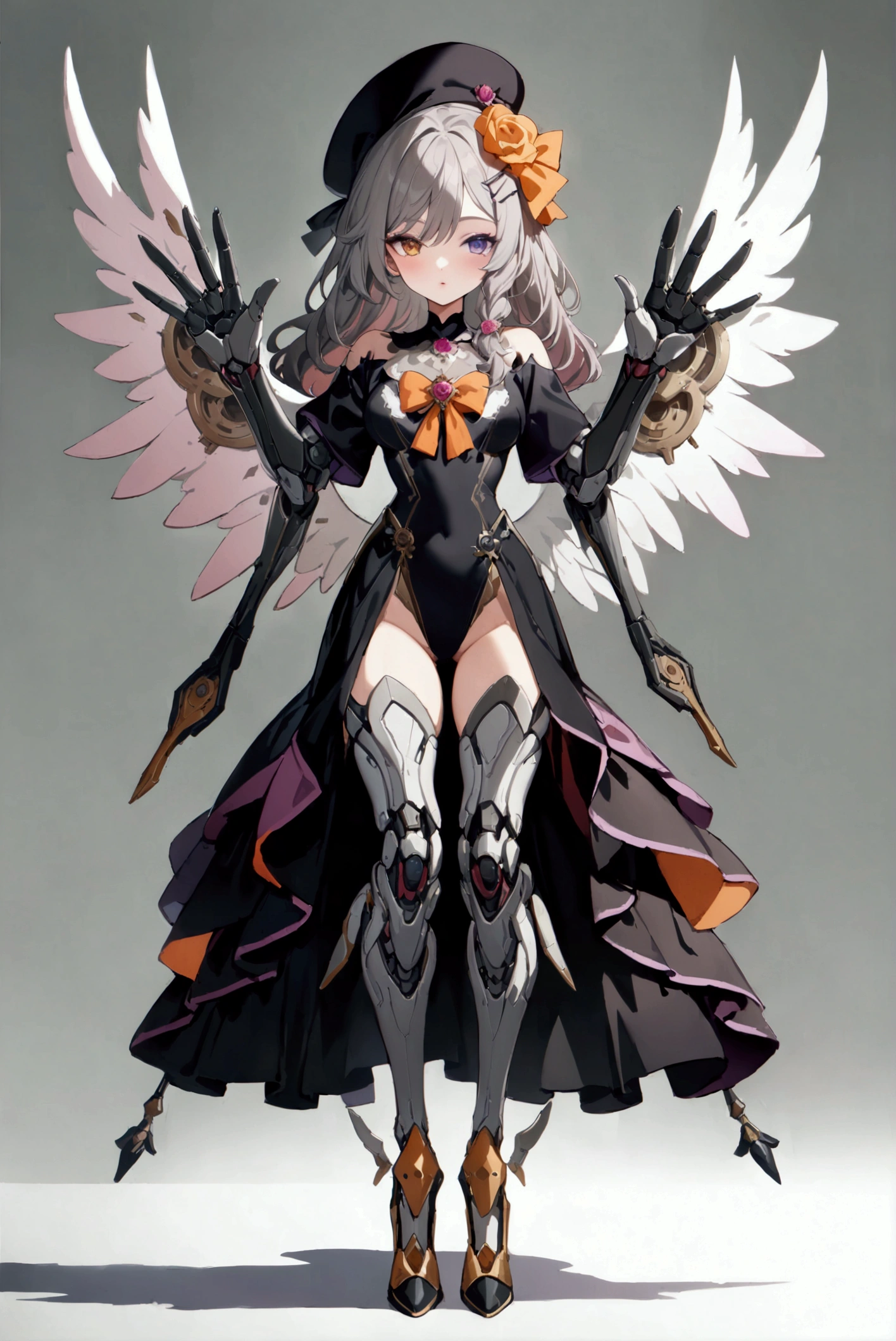 woman 160 cm tall, slim build, , charming look, ((heterocromia: look like, derecho naranja y look like izquierdo violeta)), (gray and pink wavy shoulder length hair, He has a short braid on the left side of his hair on his chest., big open bangs, has a gear hairpin on the left side of the hair), (((complex mechanical legs up to the hip, The legs are black with gray parts with small pink details))), (((complex mechanical arms up to the elbows, The arms are black with gray parts with small pink details))), (complex mechanical angel wings of white color with dark gray parts), elegant black French beret with an orange rose ribbon, (elegant thigh-length one-piece dress, bell skirt, short sleeves, elegant black hip belt with orange parts, small rose brooch in the middle of the chest, beautiful stiletto heels, blue and black ribbon decorations on the dress, (((character design sheet: Front view))), ((Whole body)), extremely detailed beautiful hair, beautiful detailed dress, extremely detailed arms, extremely detailed face, (Extremely detailed hands), perfect hands, small face, hermosos look likes detallados, beautiful detailed lips, adorable, extremely detailed legs, (Best Quality, 8k, High resolution), ultra detailed, Exquisite and epic character art, ((White background)), (Focus on symmetry).