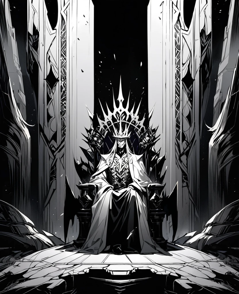 Dark king, faceless, brightness crown, in a throne, black and white art