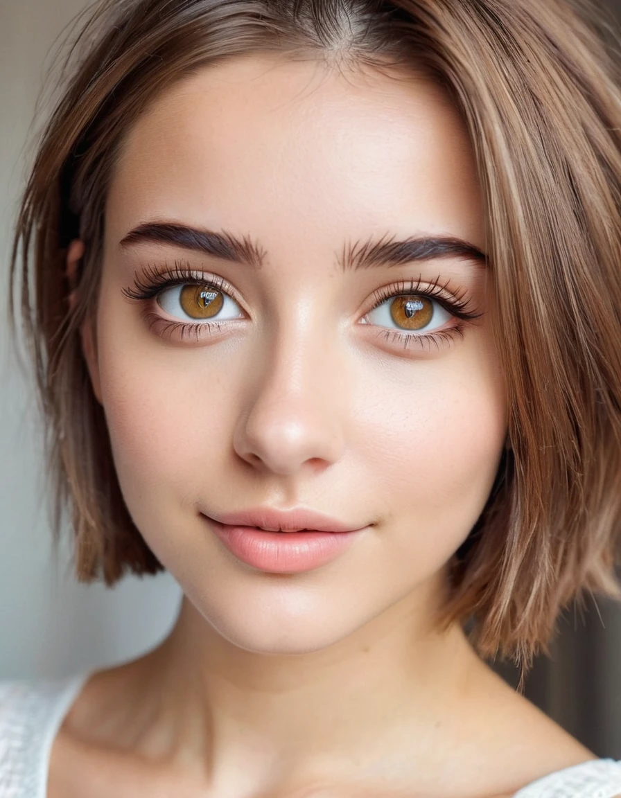 beautiful 23-year-old girl with short shoulder-length light brown hair, big amber eyes, white skin tone, long eyelashes, type of straight eyebrows, slight smile, full body, small bust, wide hipstype of straight eyebrows, slight smile, full body, stand up, small bust, wide hips