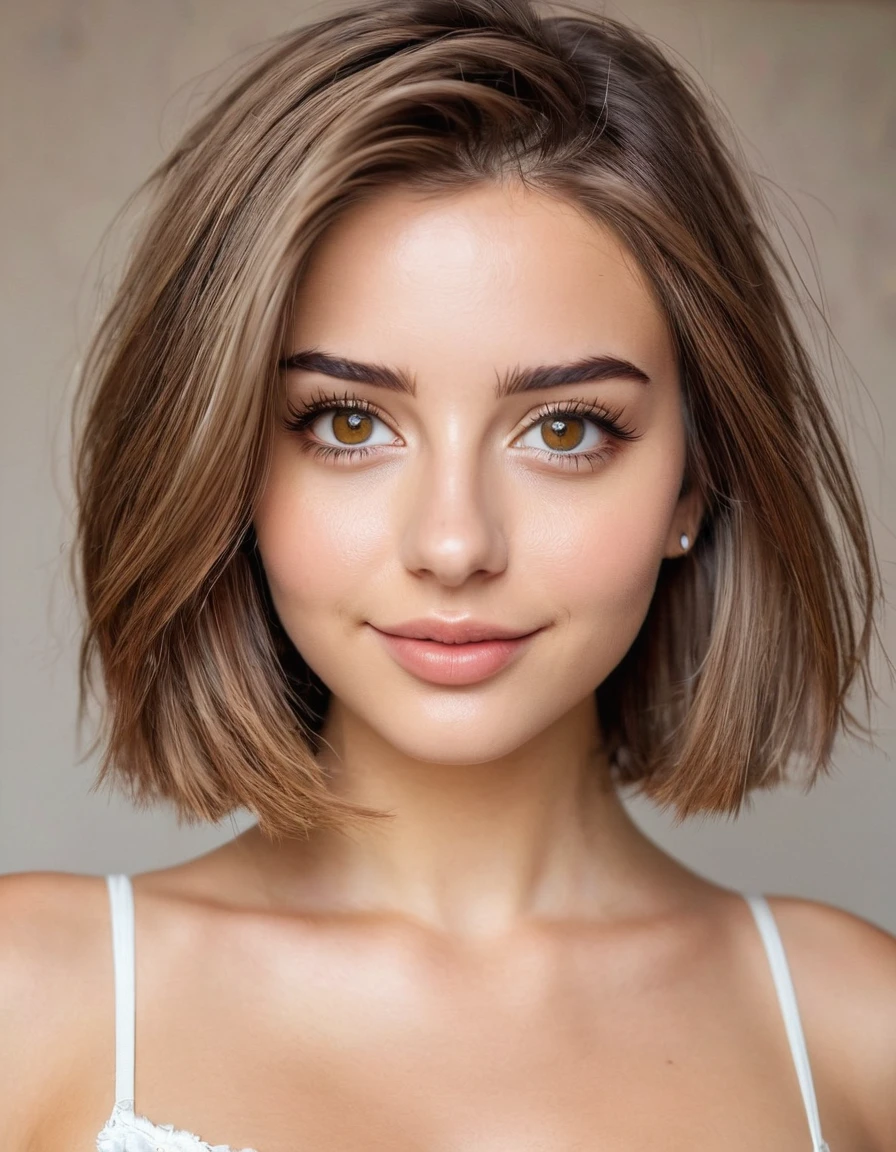 beautiful 23-year-old girl with short shoulder-length light brown hair, big amber eyes, white skin tone, long eyelashes, type of straight eyebrows, slight smile, full body, small bust, wide hipstype of straight eyebrows, slight smile, full body, stand up, small bust, wide hips