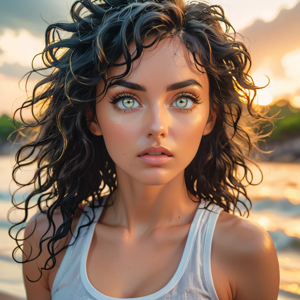 full head portrait with highly detailed eyes, highly detailed features, photographic 35mm shot, goddess & gorgeous, candid, expressive and mesmerizing eyes, golden hour, cinematic lightning, extreme realism , realistic, black wavy hair, acqua eyes, white tank top, sweat, pastel-colored background, HDR, 32k, hyper maximalism, sharp focus, photo raw