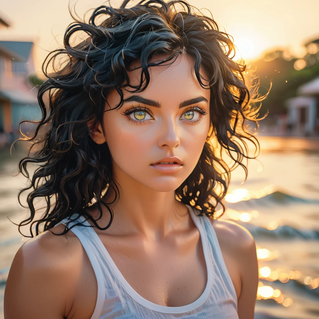 full head portrait with highly detailed eyes, highly detailed features, photographic 35mm shot, goddess & gorgeous, candid, expressive and mesmerizing eyes, golden hour, cinematic lightning, extreme realism , realistic, black wavy hair, acqua eyes, white tank top, sweat, pastel-colored background, HDR, 32k, hyper maximalism, sharp focus, photo raw