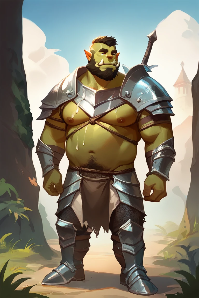 score_9, score_8_up, score_7_up, solo, male focus, fat male, orc, green skin, tusks, beard, outdoors , day, armor boots , (( mankini )) , full body , His body was wet with cum , BDSM , shibari