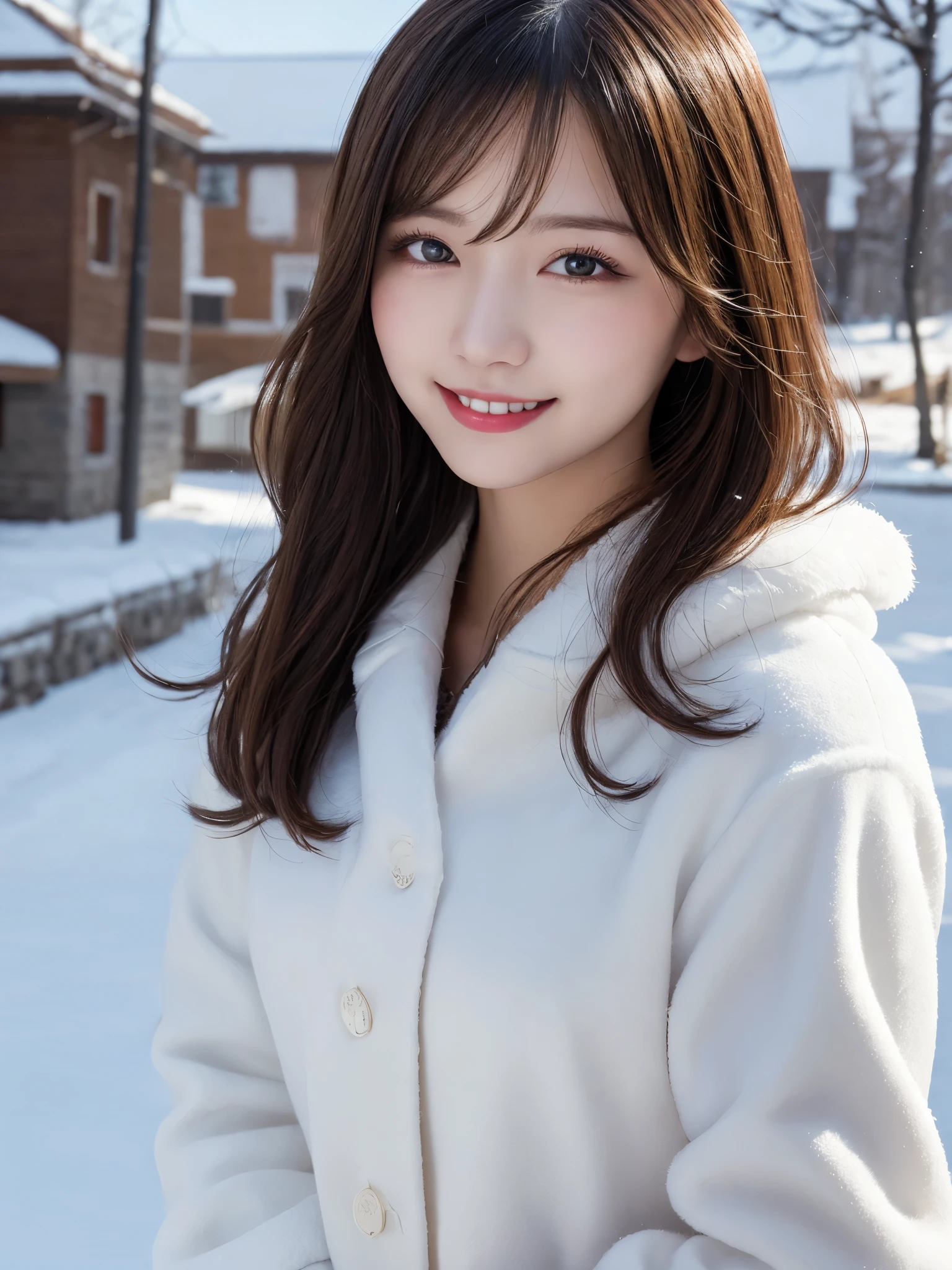 masterpiece, best quality, illustration, ultra-detailed, finely detailed, high resolution, 8K wallpaper, perfect dynamic composition, beautiful detailed eyes, snowy landscape, winter coat, medium hair, small breasts, warm pose, smile, looking at camera