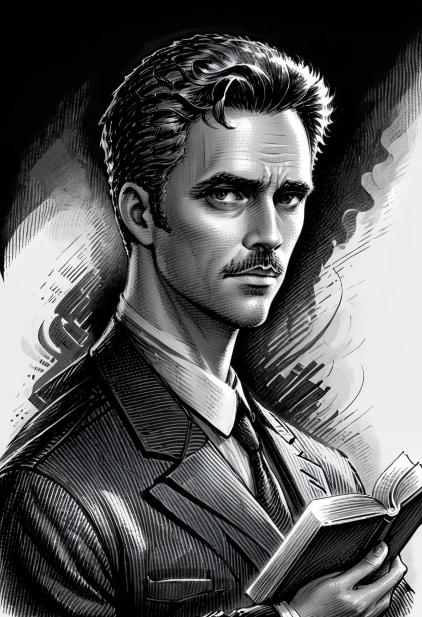 Sketch of Detective Inspector, featuring a man, captivating gaze, clutching a book, only upper body visible, subtle shading to suggest a chiseled jawline, heroic stature,mismatched pages, charcoal, noir style, story-packed eyes, under sharp overcast lighting,  sketchbook aesthetic, grayscale, soft texture, expressive line work, monochrome with hues of gray, pen-drawn detail,sk3tch,