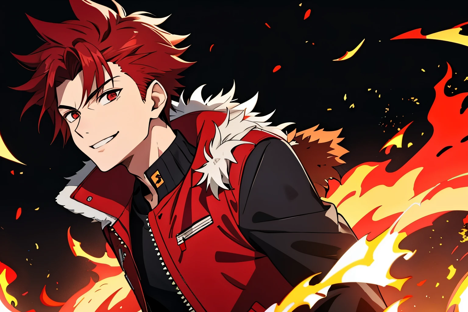 (high-quality, breathtaking),(expressive eyes, perfect face) 1boy, male, solo, young adult, red hair, fire red eyes, soft wavy hair, short hair length, soft smile, spiky hair, fluffy hair, spiked up hair, black and red jacket, punk jacket, stylized clothing, red shirt, confident smile, age 17, narrow eyes, mature face, black background, embers, confident smirk, villain vibe, symmetrical eyes