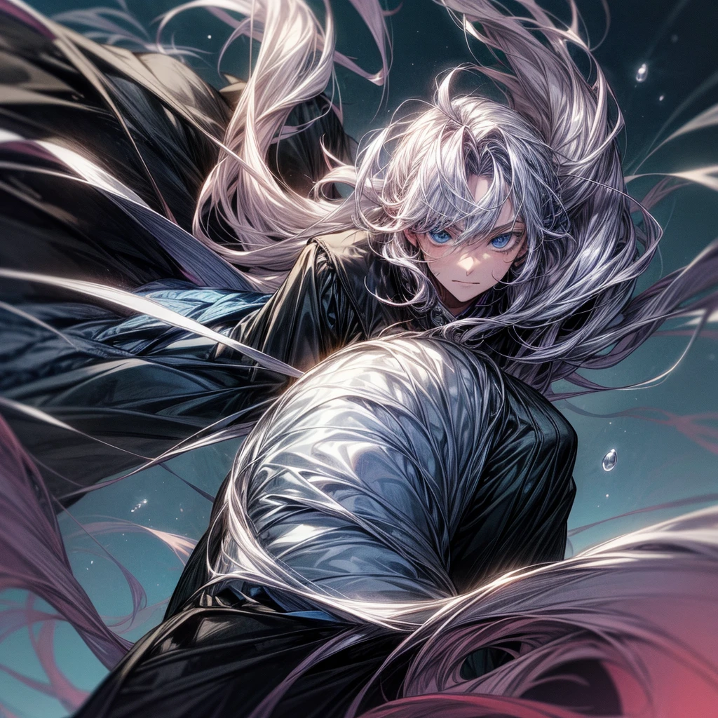 Grown-up guy, pearlescent hair, blue eyes, dark clothes.