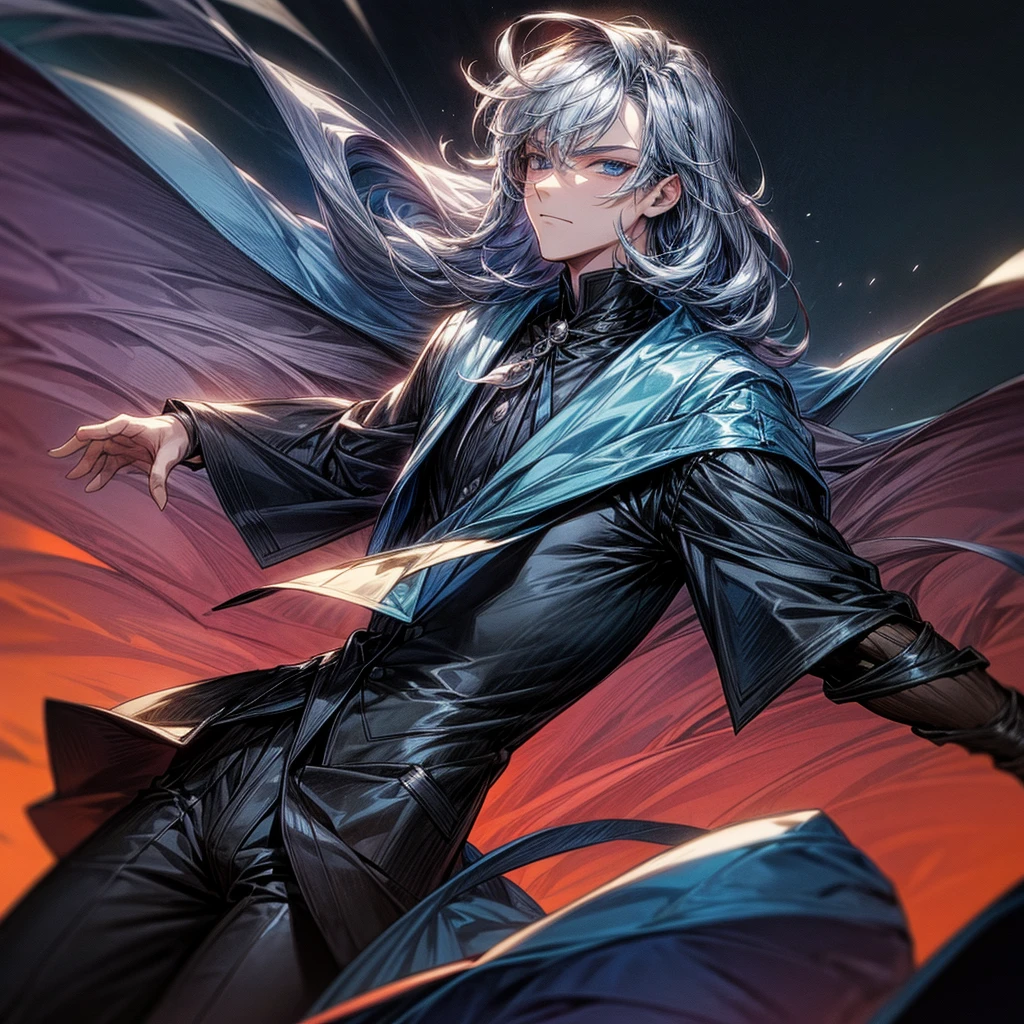 Grown-up guy, pearlescent hair, blue eyes, dark clothes.