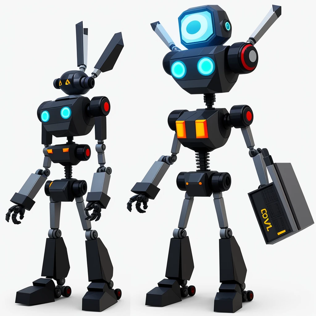 lowpoly 1robot with cartoon style, variation props in robot, 1angle, 1side, geometrical, high detail, best quality, (simple background:1.3),