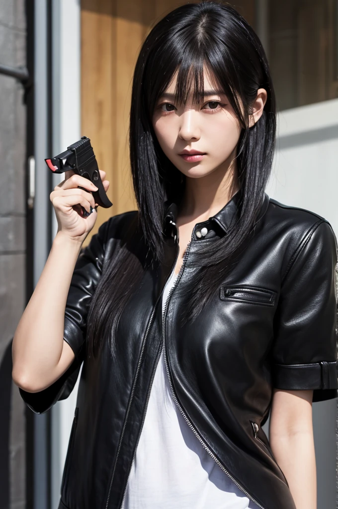 long、straight、cool、Black Hair、Handgun