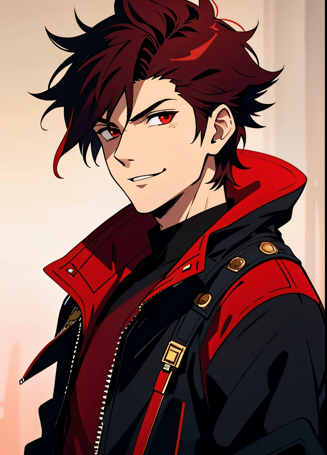 (high-quality, breathtaking),(expressive eyes, perfect face) 1boy, male, solo, young adult, red hair, fire red eyes, soft wavy hair, short hair length, soft smile, spiky hair, fluffy hair, spiked up hair, black and red jacket, punk jacket, stylized clothing, red shirt, confident smile, age 17, narrow eyes, mature face, black background, embers, confident smirk, villain vibe,
