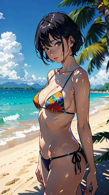 ((Highest quality, masterpiece, High resolution))、Beautiful Japanese Women、((Real anime art))、 ((1 girl))、 Normal size breasts、Slim figure、Medium Short Hair、double eyelid、Wet see-through bikini、A pareo with bold ethnic patterns and plenty of primary colors.、Realistic Skin、Wet、whole body、Cinematic Light、tropical、On the sunny beach、With the sea in the background、Blur the background、