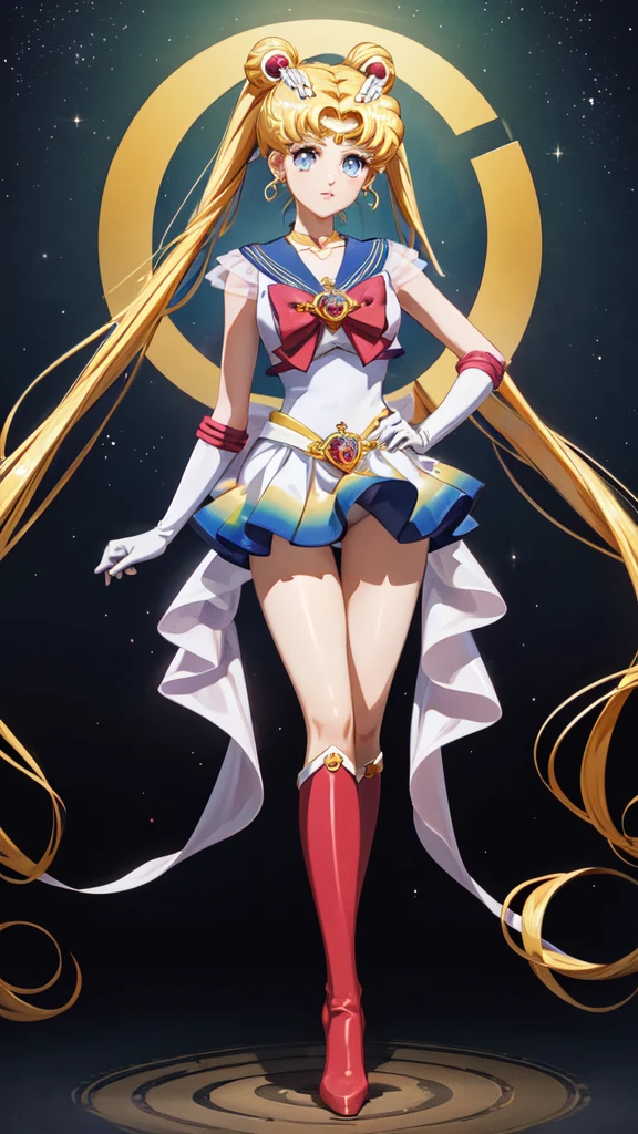masterpiece, Highest quality, (1 girl), Super Sailor Moon, Cowboy Lens, night sky, moonlight, night, White gloves, blue eyes, Galaxy Background, Multicolored clothing, , Blue Skirt, hair ornaments, Red Bow, brooch, heart brooch, Earrings, Crescent Moon, heart necklace, heart, Very long hair, Crescent Moon moon Earrings, tiara, Yellow Necklace, boots, knee boots,  Red Shoes, Long legs