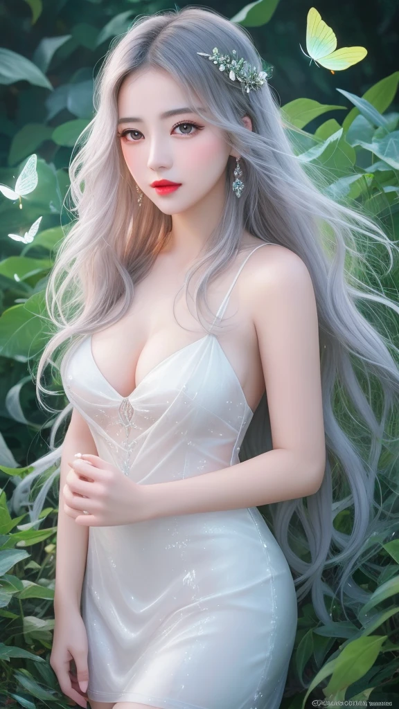 High quality work,Realistic works,Extremely premium graphics,8K HD CG ทำงาน,High quality graphics,High-resolution and exquisite CG work,10x pixels,Very detailed details:1.1,Advanced technical details:1.1Realistic photo effects,light effectภายใน:1.5,Soft, natural light:1.5. light effect(light effectเสมือนจริง:1.8),Ultra high resolution,shining dress,long shiny hair,silver hair,Transparent Hair,Highly detailed hair(Quality hair details:1.1)clear eyes,Double eyelids look good.,Sharp eye makeup, Create beautiful eyelashes., Thin eyebrows, Highly detailed eyes,high nose, cute red lips, rosy cheeks, With delicate makeup on her face , beautiful face, The face shape is perfectly proportioned.,(Advanced facial details:1.1) nsfw masterpiece photography that captures the essence of a dream experienced by a stunning Caucasian woman., A perfectly detailed face., realistic pores, sharp eyes, (Slippery nipples), revealing dress, She was shrouded in smoke that transformed into surreal butterflies around her., in a dream, She finds herself in a magical landscape filled with bright colors and surreal elements., The atmosphere is dreamy and ethereal., with soft lighting illuminating the scene, Young women are seen as confident and glowing., Surrounded by symbols of her inspiration and inner strength., The overall mood of the image should create a sense of wonder., empowerment, and limitless possibilities, Complex lighting, Rim lights, (wind:1.3), ,women's artwork,Dress full body video,realism,Amazing cleavage,Today my eyes are very bright.,