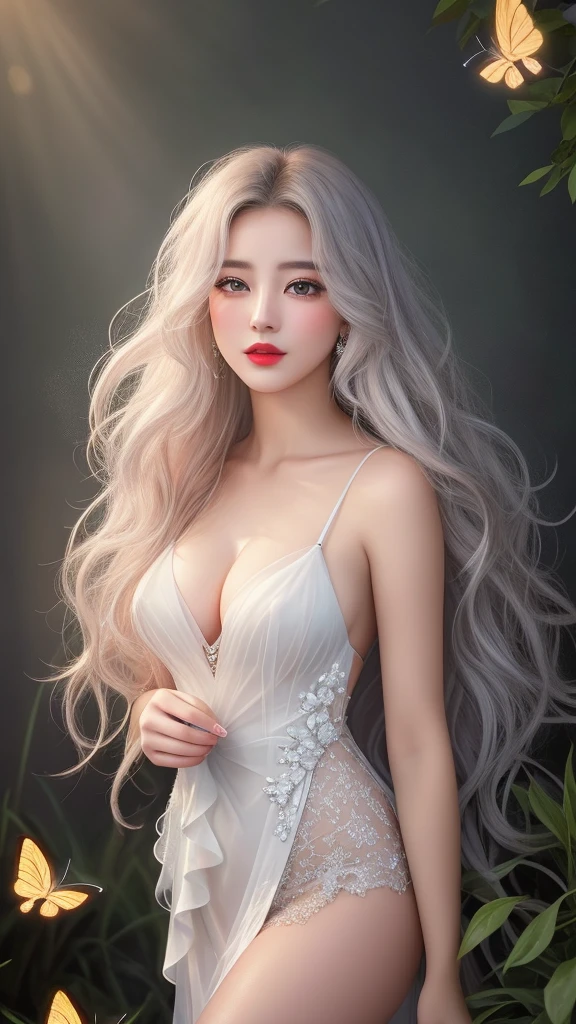 High quality work,Realistic works,Extremely premium graphics,8K HD CG ทำงาน,High quality graphics,High-resolution and exquisite CG work,10x pixels,Very detailed details:1.1,Advanced technical details:1.1Realistic photo effects,light effectภายใน:1.5,Soft, natural light:1.5. light effect(light effectเสมือนจริง:1.8),Ultra high resolution,shining dress,long shiny hair,silver hair,Transparent Hair,Highly detailed hair(Quality hair details:1.1)clear eyes,Double eyelids look good.,Sharp eye makeup, Create beautiful eyelashes., Thin eyebrows, Highly detailed eyes,high nose, cute red lips, rosy cheeks, With delicate makeup on her face , beautiful face, The face shape is perfectly proportioned.,(Advanced facial details:1.1) nsfw masterpiece photography that captures the essence of a dream experienced by a stunning Caucasian woman., A perfectly detailed face., realistic pores, sharp eyes, (Slippery nipples), revealing dress, She was shrouded in smoke that transformed into surreal butterflies around her., in a dream, She finds herself in a magical landscape filled with bright colors and surreal elements., The atmosphere is dreamy and ethereal., with soft lighting illuminating the scene, Young women are seen as confident and glowing., Surrounded by symbols of her inspiration and inner strength., The overall mood of the image should create a sense of wonder., empowerment, and limitless possibilities, Complex lighting, Rim lights, (wind:1.3), ,women's artwork,Dress full body video,realism,Amazing cleavage,Today my eyes are very bright.,