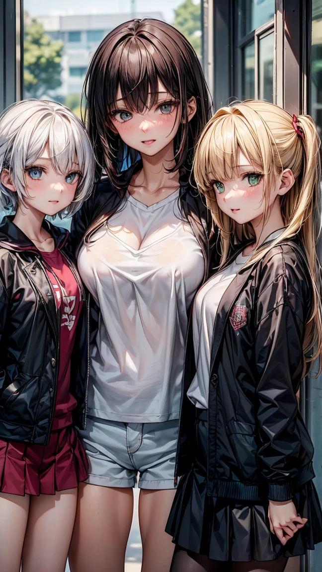 (((3 17 year old girls.))) 1 with yellow hair and green eyes, tanned body. 2 white hair and blue eyes, white body. 3 Red Hair And Red Eyes, with dark body. The 3 girls are standing. in  clothes. High School College Fund.