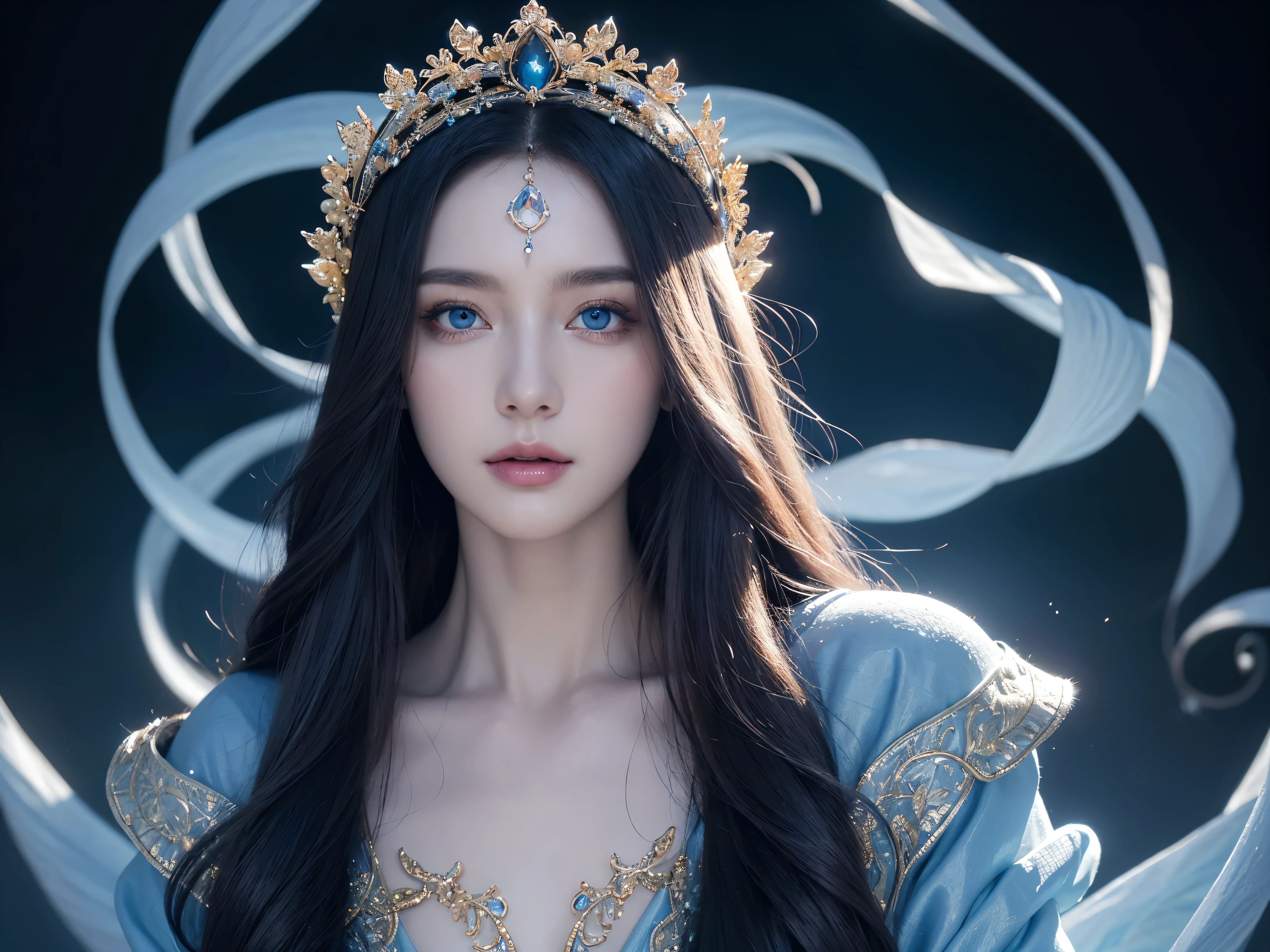 detailed portrait of a beautiful sorceress, elegant witch, long flowing hair, striking blue eyes, porcelain skin, detailed facial features, intricate headdress, ornate robe, magical aura, ethereal lighting, rich colors, fantasy art, digital painting, cinematic, 8k, highly detailed, photorealistic