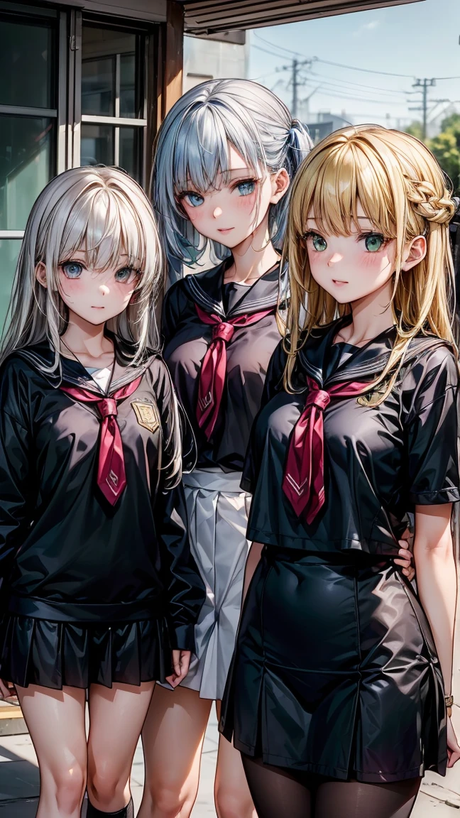 (((3 17 year old girls.))) 1 with yellow hair and green eyes, tanned body. 2 white hair and blue eyes, white body. 3 Red Hair And Red Eyes, with dark body. The 3 girls are standing. in clothes. High School College Fund.