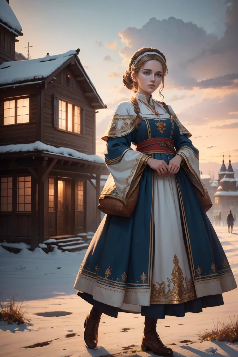 Painting of a group of women and men in traditional Russian folk clothes, holding a loaf, against the backdrop of an ancient Slavic settlement with cinematic lighting, volumetric light, bright colors, clear focus, в стиле 8 K, gaining popularity on ArtStation, extremely detailed, 8 K, Hyper-detailed, high resolution, 4k, Digital art, high resolution, движок Unreal, 4k, beautiful colors