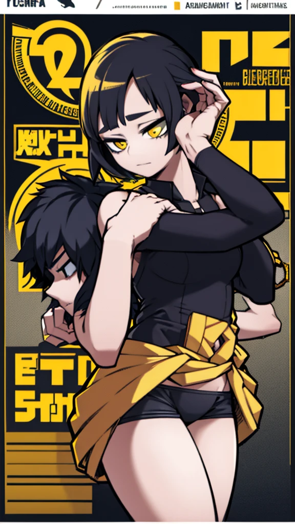 Woman, short black hair, yellow eyes, perfect body, very beautiful,Underwear Boku no hero academy, Posing for a photo with her hands on her back in a shy way