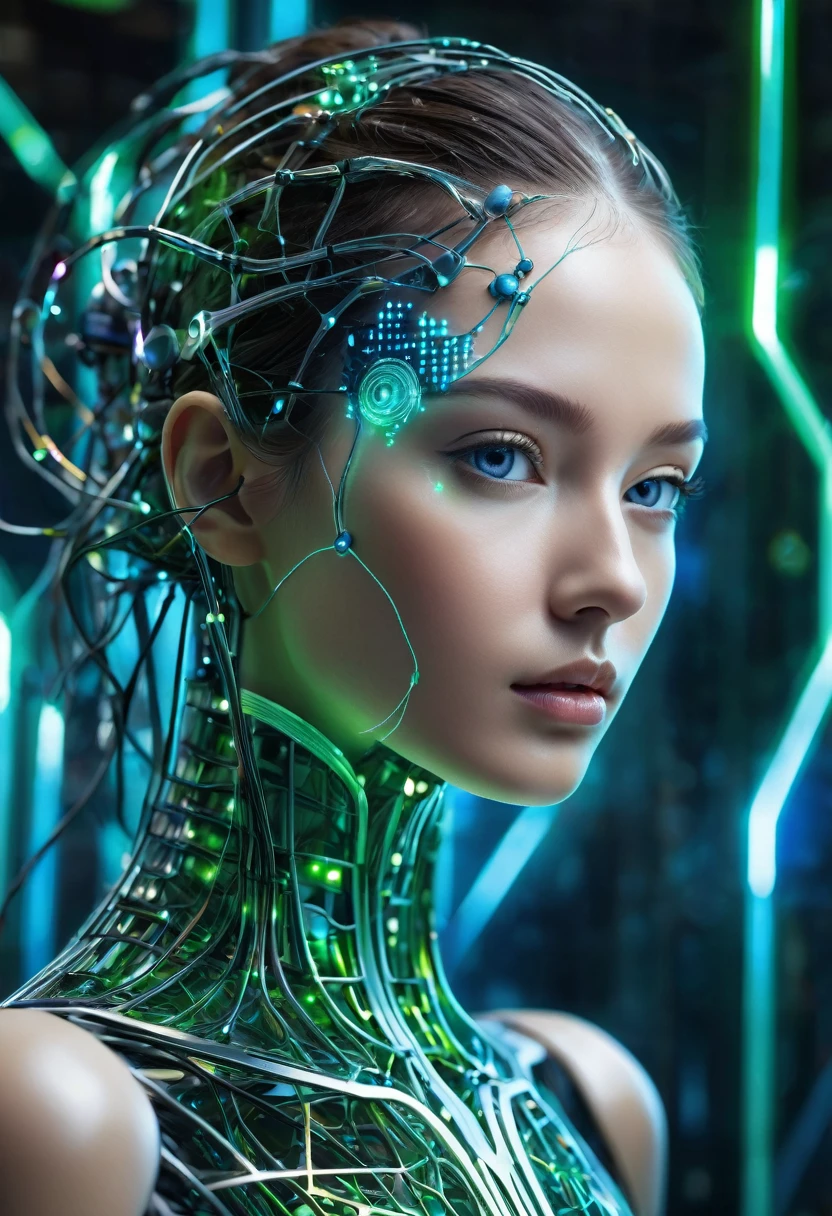 Visual representation of artificial intelligence (eat). The image shows a futuristic humanoid,Its design incorporates elements of cybernetics and technology. In the background is a lattice structure of glowing neural networks and complex circuits, Symbolizes huge data processing capabilities. The figure is composed of metal and crystal materials, Blue and green light flows through its body, Implied connections and information flows. His eyes sparkled brightly, Demonstrates his high intelligence. Modern and technological atmosphere, Mainly cool colors,Bright details,Conveys a sense of innovation and the future., Ultra HD, Retina, masterpiece, precise, Anatomically correct, Textured Skin, Super Detail, The award-winning, 16K