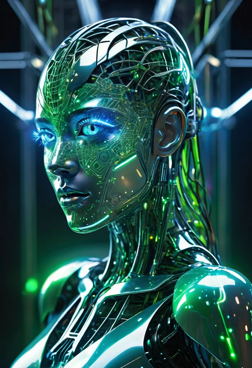 Visual representation of artificial intelligence (eat). The image shows a futuristic humanoid，Its design incorporates elements of cybernetics and technology. In the background is a lattice structure of glowing neural networks and complex circuits, Symbolizes huge data processing capabilities. The figure is composed of metal and crystal materials, Blue and green light flows through its body, Implied connections and information flows. His eyes sparkled brightly, Demonstrates his high intelligence. Modern and technological atmosphere, Mainly cool colors，Bright details，Conveys a sense of innovation and the future., Ultra HD, Retina, masterpiece, precise, Anatomically correct, Textured Skin, Super Detail, The award-winning, 16K
