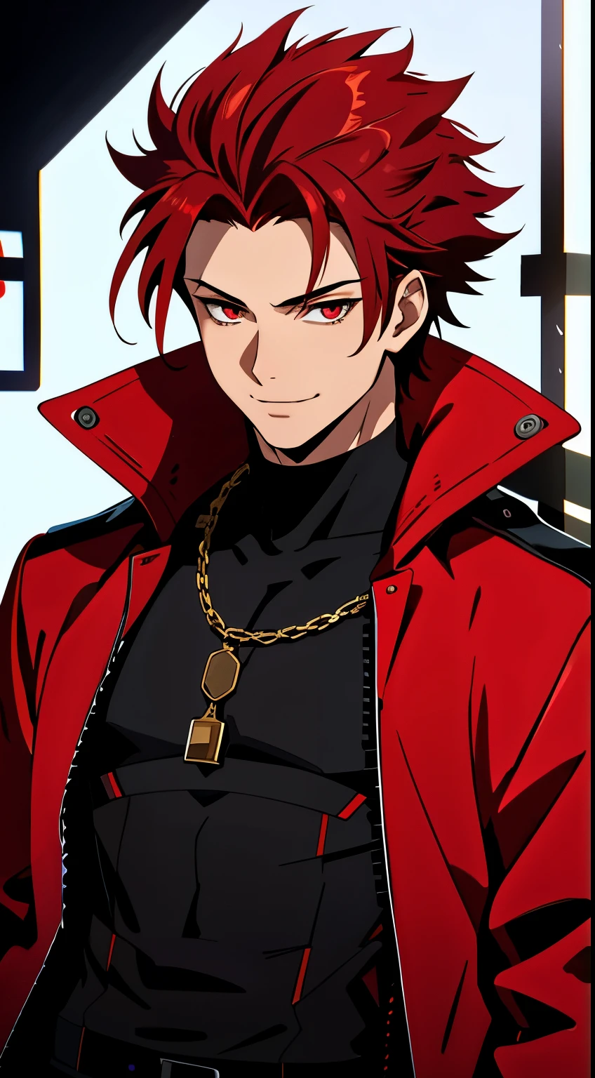 (high-quality, breathtaking),(expressive eyes, perfect face) 1boy, male, solo,  adult, red hair, fire red eyes, soft wavy hair, short hair length, soft smile, spiky hair, fluffy hair, spiked up hair, black and red jacket, punk jacket, stylized clothing, red shirt, confident smile, age 1row eyes, mature face, black background, embers, confident smirk, villain vibe,
