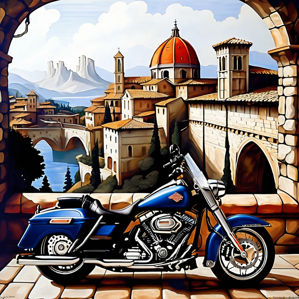 harley davidson road glider with medieval town background and a beautiful landscape in the style of Michelangelo Buonarroti 