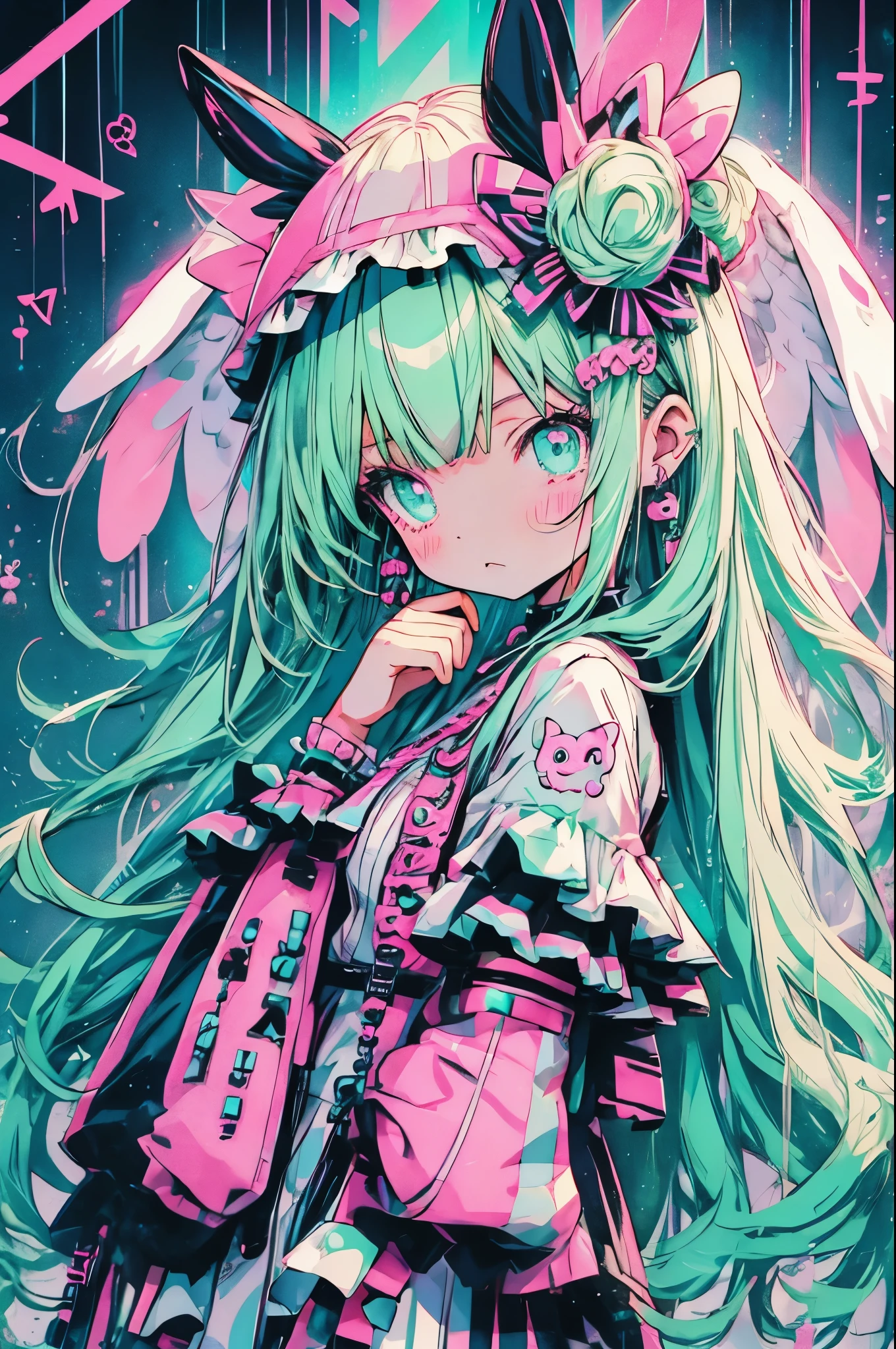 cute anime girl, pastel goth, bunny ears, bright pink and mint green mesh hair, white harajuku gothloli outfit, pink accessories, angel halo, holding chains, striped stockings, kawaii horror, vibrant colors, detailed vector art, playful and creepy, speech bubbles, organized chaos